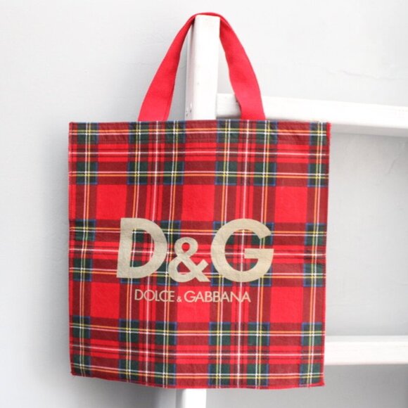DOLCE & GABBANA D&G Logo Authentic Red Felt Tartan Plaid Tote Hand Bag - Picture 3 of 7